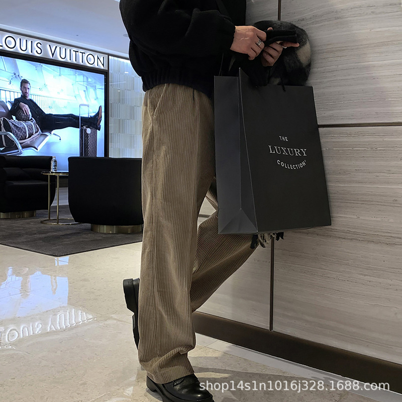 Asclo American Retro Corduroy Casual Pants Men's Lazy Khaki Loose Fleece-Lined Straight Pants