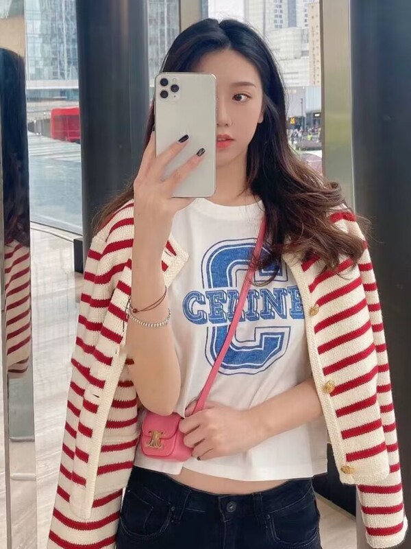 别致感小香风红白条纹针织开衫外套春秋新款慵懒风毛衣上衣女|undefined
