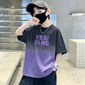 100%纯棉男童短袖t恤新款儿童夏装衣服男孩撞色渐变上衣半袖童装6