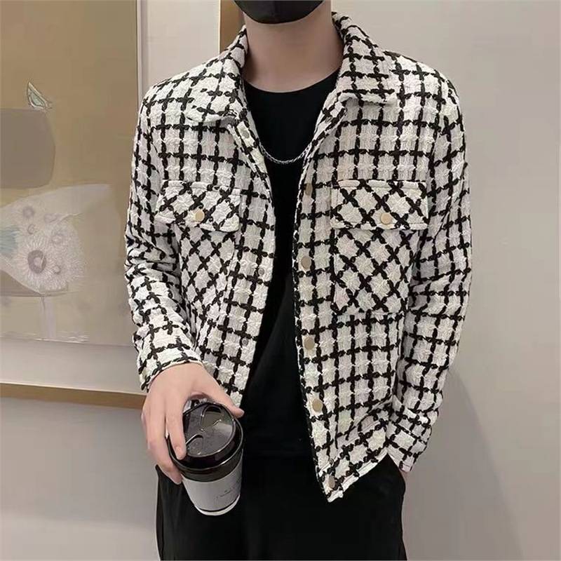 男士男褂子格子夹克潮流春秋季潮牌精神外套个性上衣小伙痞帅针织