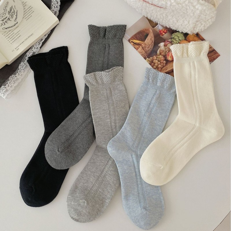 双针花边堆堆袜秋冬百搭纯色中筒袜子女日系袜子韩版袜ins简约袜|undefined