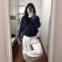 假两件藏蓝色针织开衫毛衣女春秋季新款韩系慵懒风松弛感短款上衣