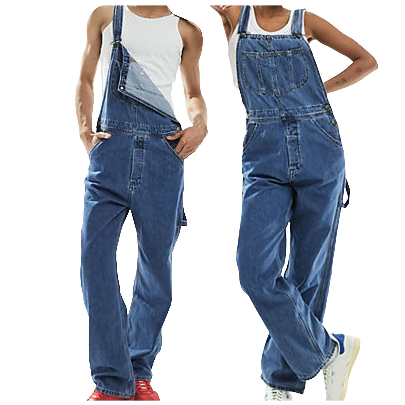 paar outfit heren schouderband jumpsuit gescheurde denim werkkleding broek_voghion.com