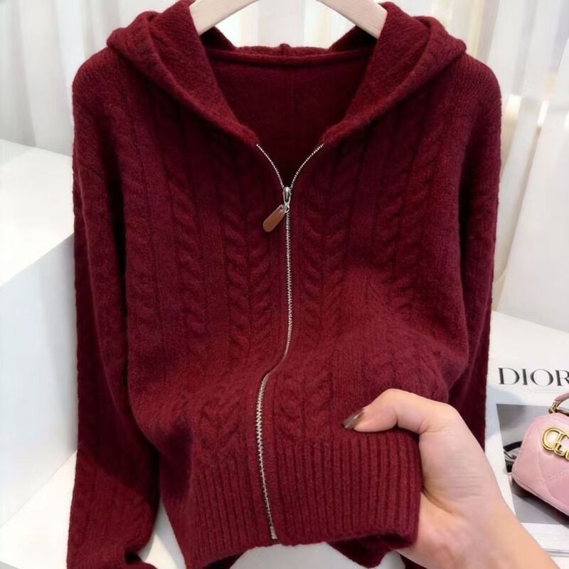 2026 Spring and Autumn Short Waist-Cinching Slimming Cable Knit Sweater Coat with Hood and Zipper for Petite Women 2026 Spring and Autumn Short Waist-Cinching Slimming Cable Knit Sweater Coat with Hood and Zipper for Petite Women