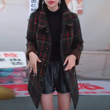 网红水貂绒大衣中长款风衣中老年女装加绒加厚毛呢子格子外套