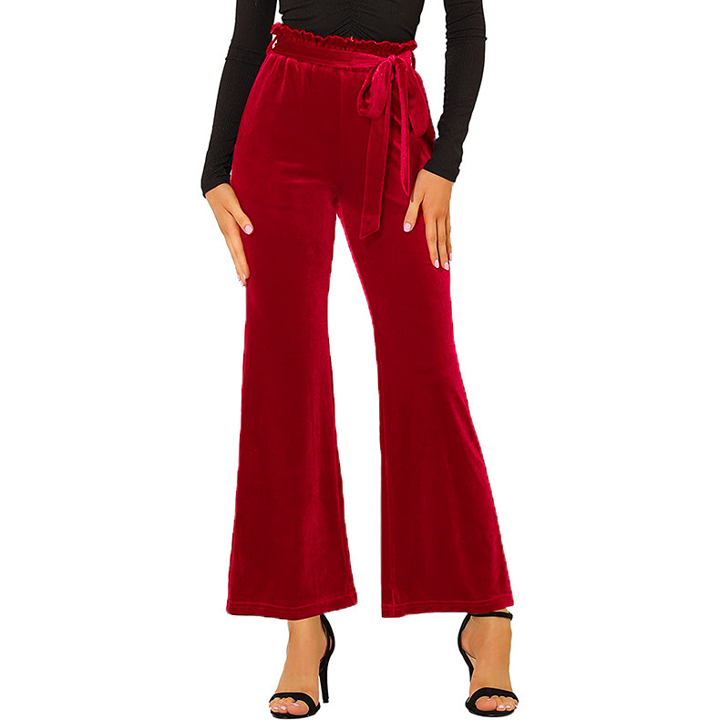 Solid Color High-Waist Lace-Up Elastic Trousers NSLZ104459