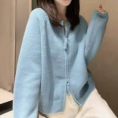 双拉链圆领春秋季针织开衫女宽松纯色上衣外套显瘦打底毛衣外穿女