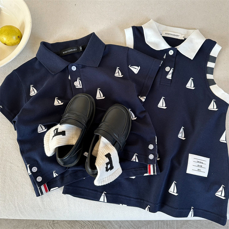 Children's Brothers and Sisters 2024 Summer New Boys' TB Fashion Brand Short-sleeved Polo Shirt Girls' Stylishly dress