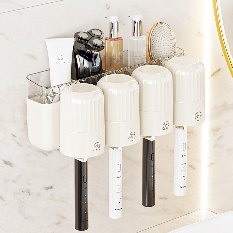 Storage Toothbrush Holder, Punch-Free Mouthwash Cup, Toothbrushing Cup, Bathroom Couple Family Wall-Mounted Toothpaste Toothbrush Holder