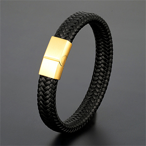 Cross-border best-selling stainless steel genuine leather bracelet retro woven titanium steel bangle factory direct sale