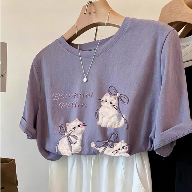 Bowknot Rabbit Print Short-Sleeve T-Shirt for Women, Summer Snowflake Cotton Loose Slimming Top Ins