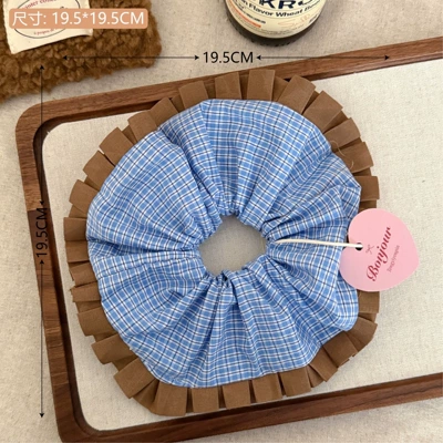 Saç üçün rezinlər – Vintage Bear Fabric Label Hair - 3-blue-plaid-brown-lace-hair-tie