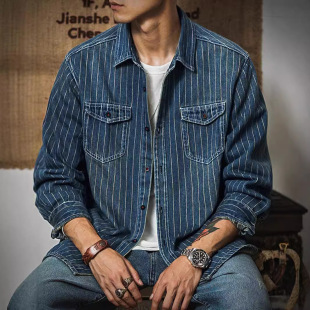 Upper elastic workwear heavy denim striped shirt tough guy Denim shirt American retro cleanfit coat for men
