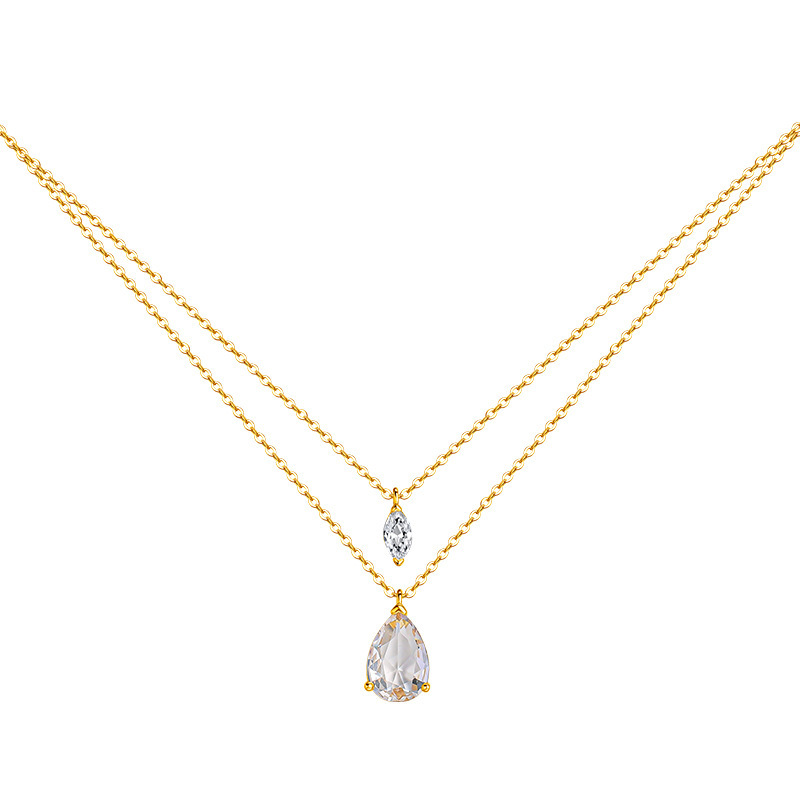 Sparkling Crystal Teardrop Necklace For Women Double Layer Chain_voghion.com