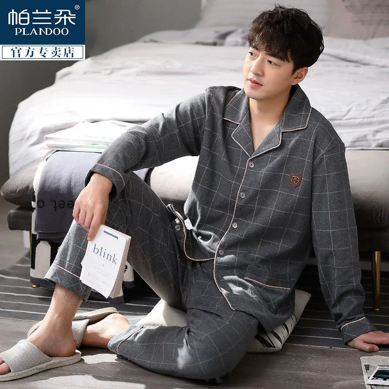 Мужские пижамы весна-осень, длинный рукав, хлопок, повседневная верхняя одежда, большой размер, домашняя одежда, зимний костюм