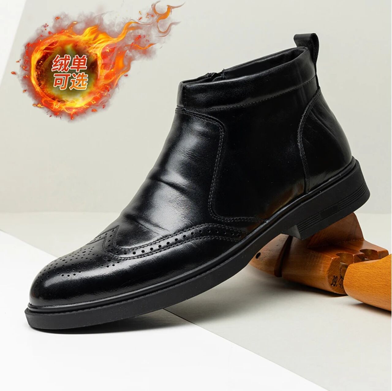 秋季尖头高帮皮鞋男休闲马丁靴短靴拉链英伦布洛克内增高切尔西靴