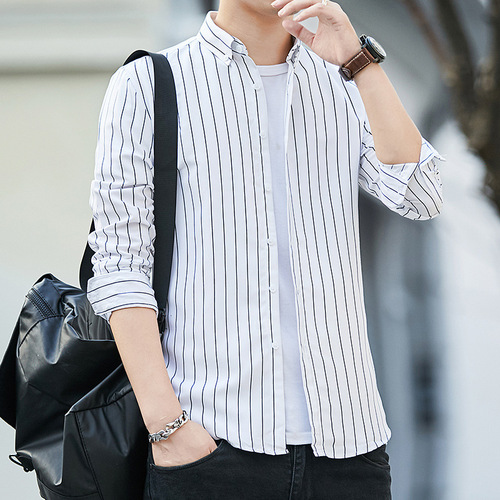Men's Spring and Autumn Long-Sleeve White Business Casual Professional Wedding Best Man Shirt Black and Blue Base Short-Sleeve Inch