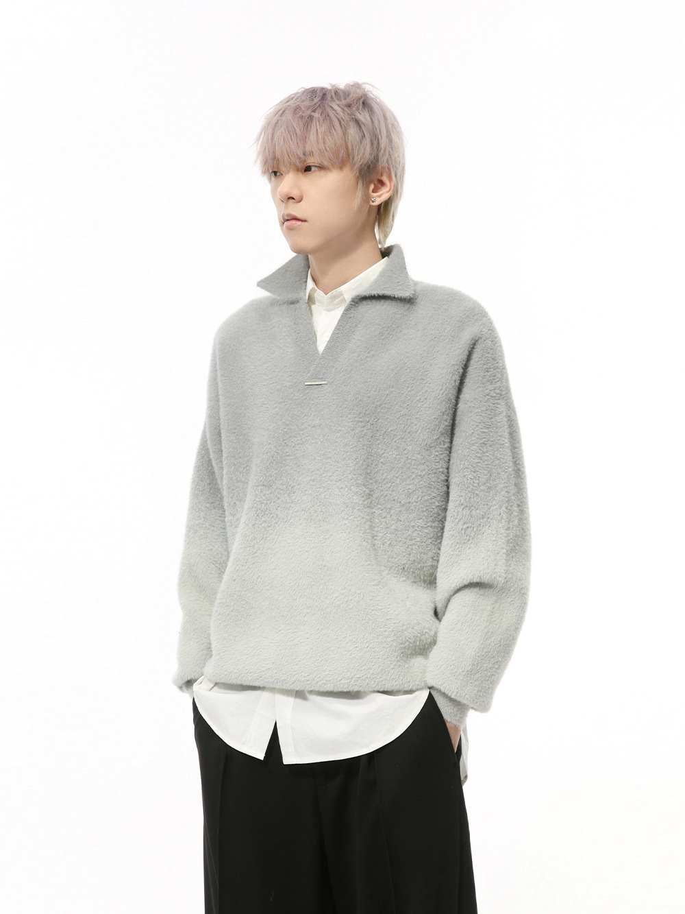 MTLCLOTHES Hombres| Nuevo invierno coreano pequeño cuello en V de color gradiente de moda con solapa suave suéter de cabeza pegajosa