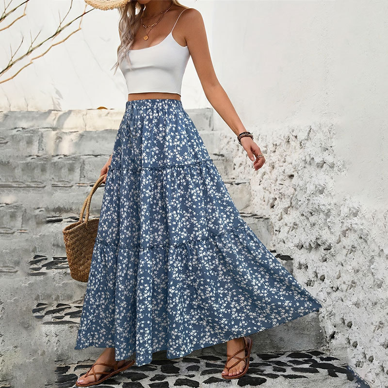 Women's Small Floral Belt Three-layer Stitching Long Skirt Spring and Summer High-end Foreign Trade Women's Skirt A- line Skirt