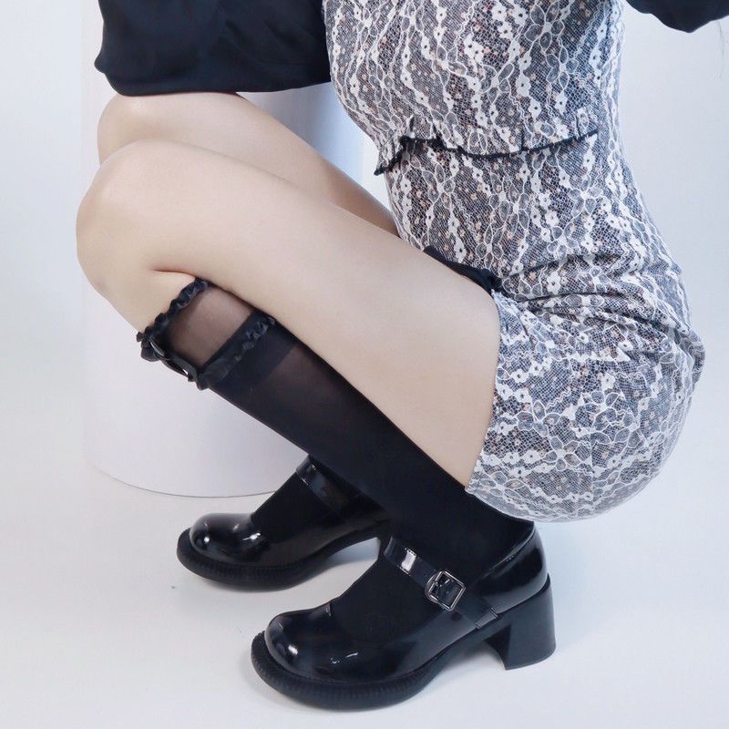 검은 나비 레이스 송아지 양말 2켤레