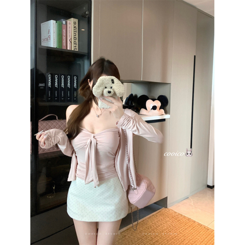 纯欲韩女可拆卸飘带带胸垫抹胸上衣+长袖开衫两件套女|undefined