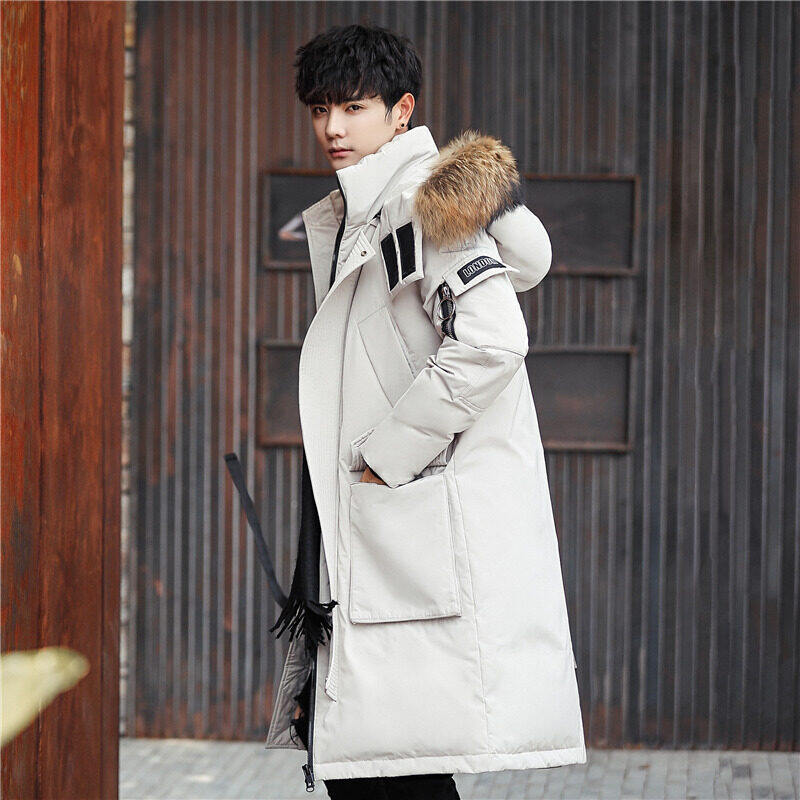 Nueva chaqueta de plumón de los hombres jóvenes engrosada de longitud media con capucha gran cuello de piel abrigo de moda de los hombres ropa caliente resistente al frío