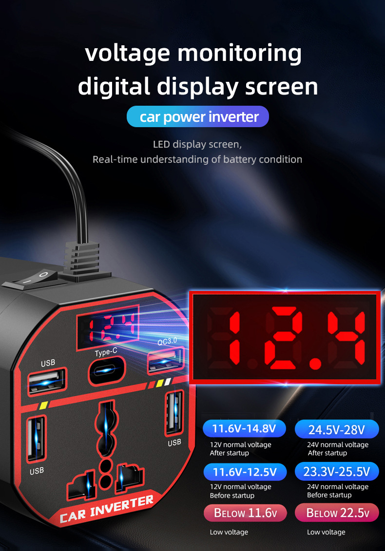 Ac Car Charger 12V24V to 220V High-Power Inverter Car Power Supply Cigarette Lighter Converter