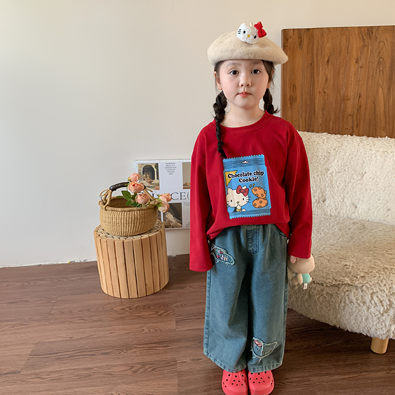 특별 통관 여자 바지 2024 가을 새 어린이 한국 캐주얼 스트레이트 청바지 여자 바지