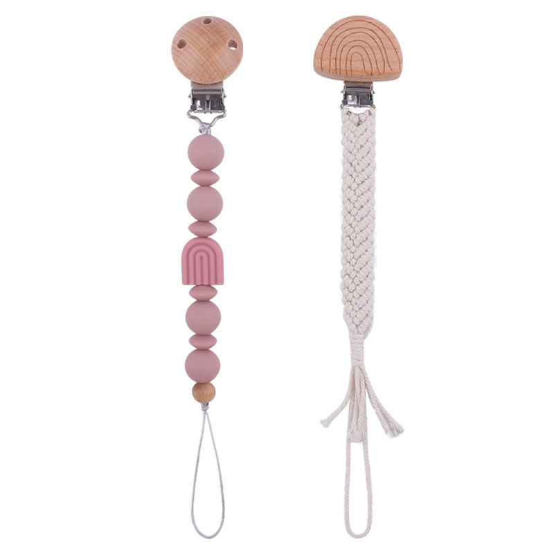Nuevo bebé suministros de dibujos animados Arco Iris chupete cadena calmante bebé Arco Iris clip hecho a mano tejido anti-gota