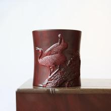 尼泊尔紫檀五牛图孔雀图红木笔筒实木复古毛笔筒中式木雕刻工艺品