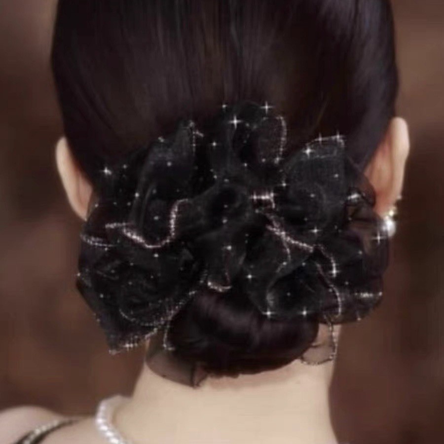 Black Rhinestone Mesh Hair Tie Durable Elastic For Ponytail Styling_voghion.com