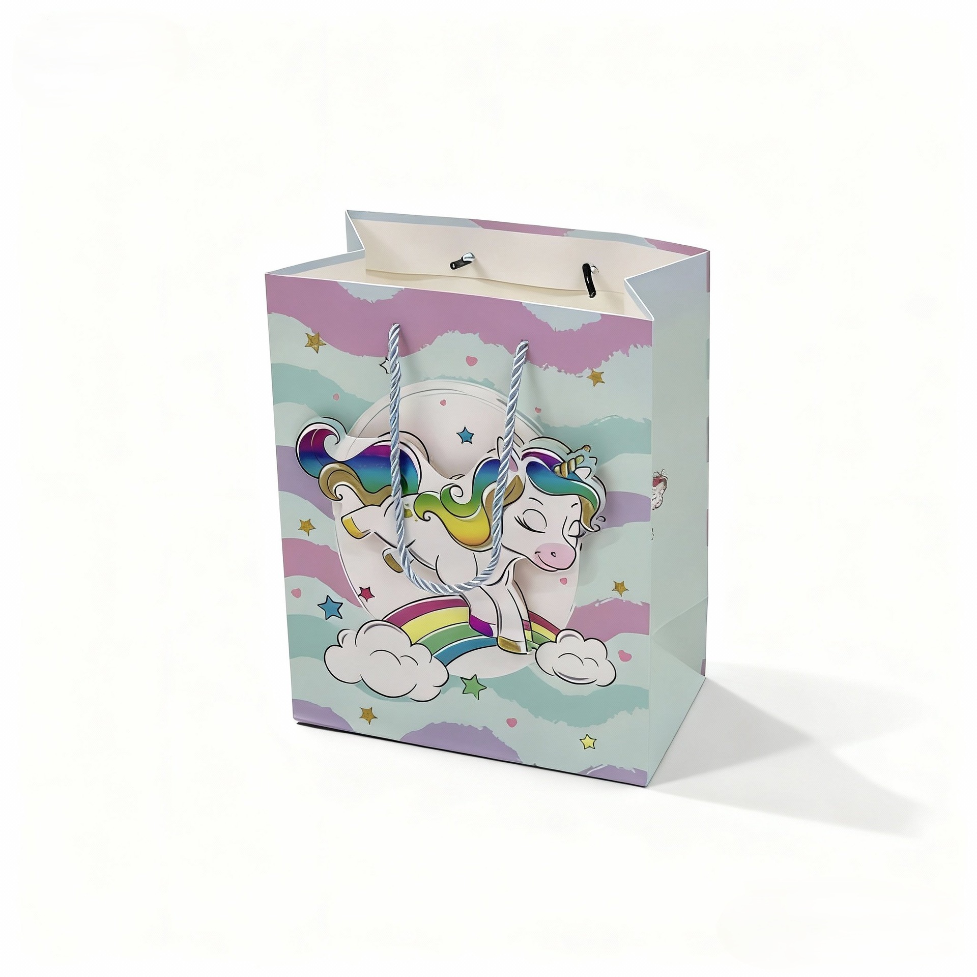 Fábrica de origen unicornio cartón de dibujos animados conjunto de bolsas de regalo artesanal estereoscópico para niños y niñas corazón de cumpleaños mano bolsa de regalo