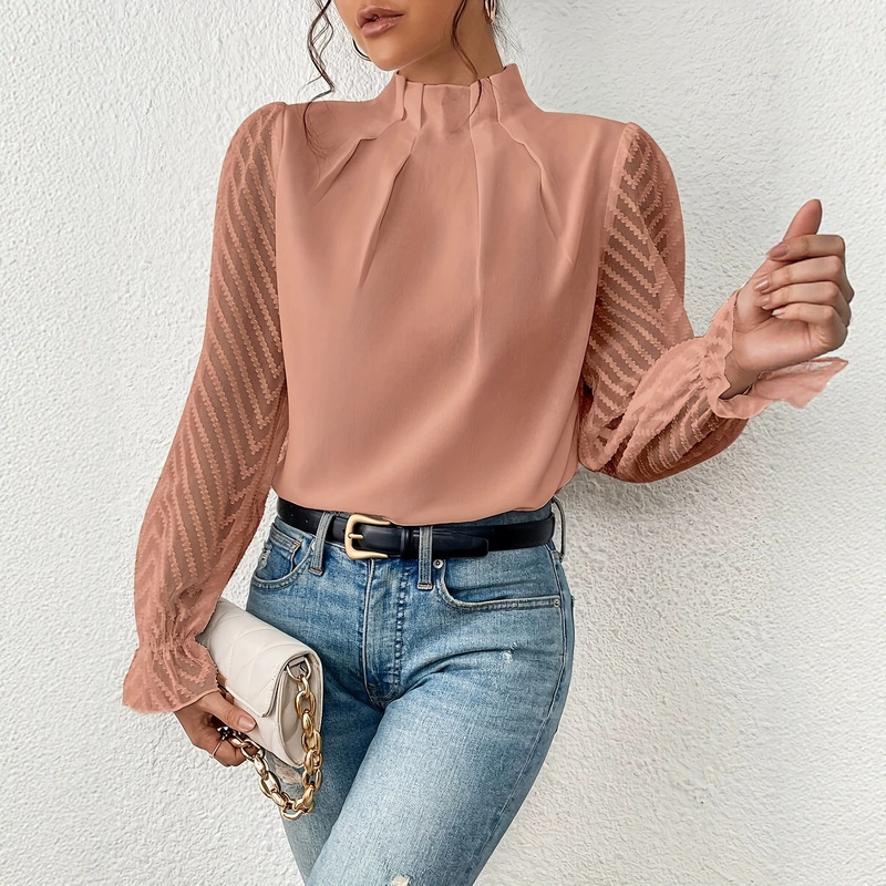 New European and American women's stand-up collar pleated shirt with striped lace, long sleeves and puff cuffs, elegant for commuting New European and American women's stand-up collar pleated shirt with striped lace, long sleeves and puff cuffs, elegant for commuting