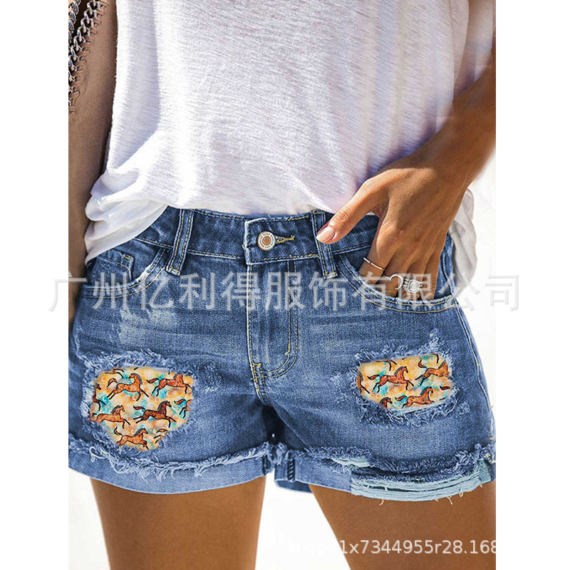 Cross-border Western Jeans Women's 2022 Europe and America Amazon New Ripped Printing Casual Loose Straight Shorts Women