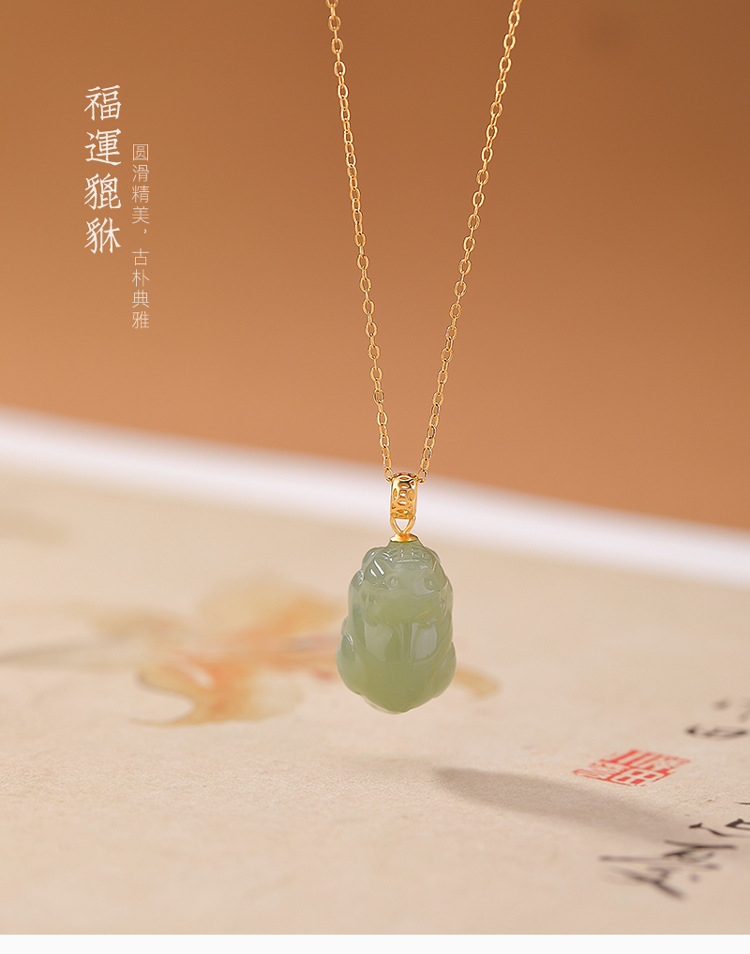 Mặt dây chuyền bạc S925 mạ vàng đá ngọc bích hình đồng xu Tỳ Hưu phong cách tân cổ điển — Mặt dây chuyền đơn (không kèm dây) chi tiết 3