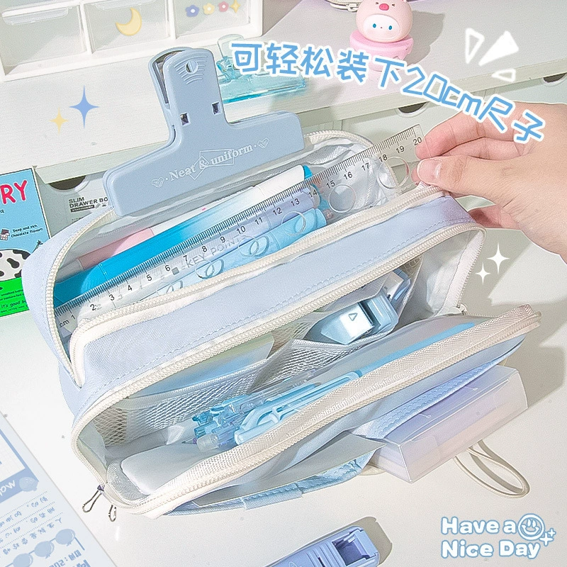 Capacious cute high quality multilayer pencil case for students, drawstring