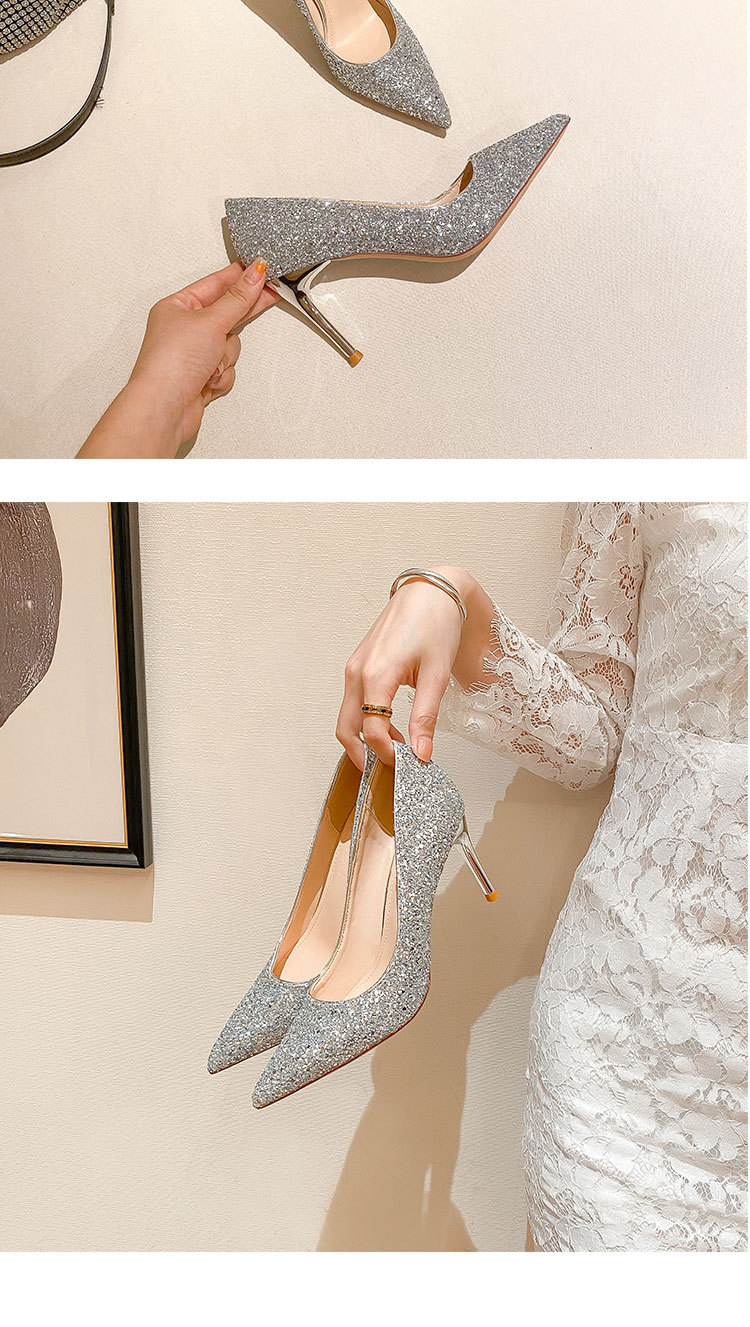 A133 scarpe da sposa con tacco sottile estivo in pelle a punta con paillettes dorate piccole e profumate scarpe da sposa da donna in stile francese_voghion.com