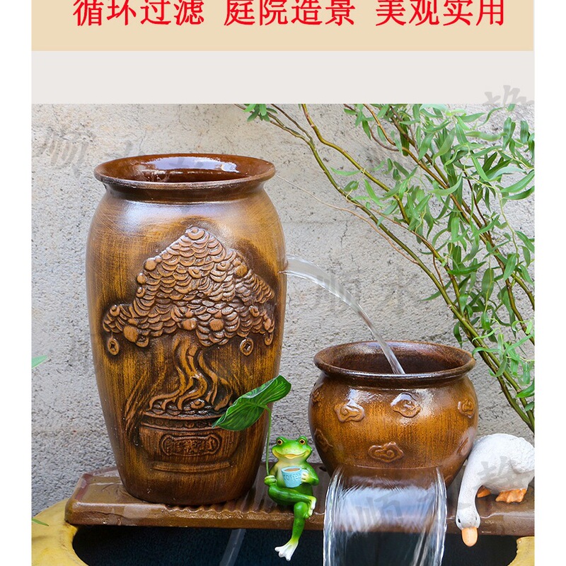 Fish Tank Filtration, Oxygenation, Circulating Water Tank, a Complete Set of Water Circulation, Large Open Waterfall Water Flow Ceramic Pot with Pump