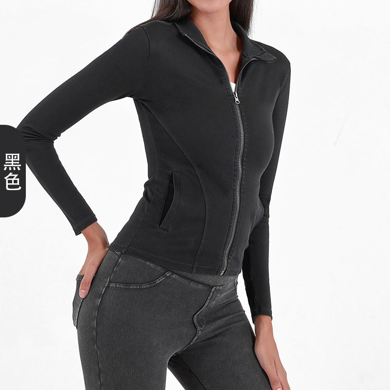 Cross-border nuevo punto Denim cremallera chaqueta de yoga mujeres adelgazamiento apretado de cuello alto doble bolsillo fitness ropa de abrigo superior