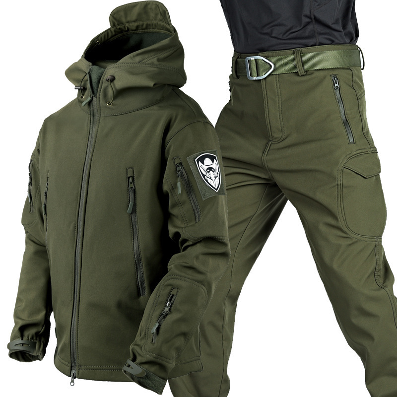 New Outdoor Cold-Proof Clothing Tactical Jacket Suit Autumn and Winter Velvet Mountaineering Clothing Waterproof and Windproof Soft Shell Clothing Suit