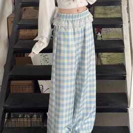 蕾丝花边拼接蓝色格子宽松直筒裤女阔腿裤春秋季2025新款高腰长裤