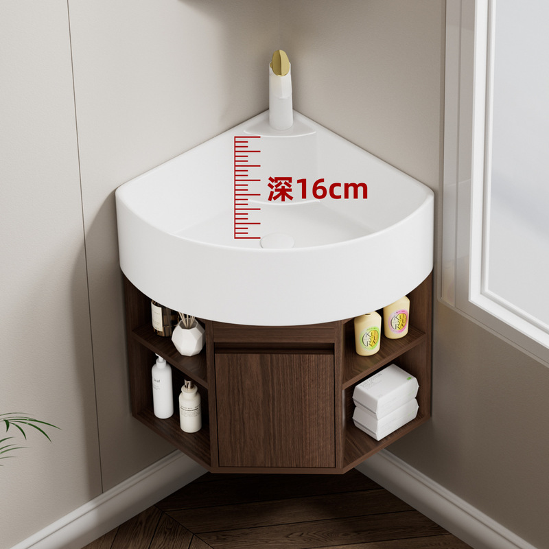 Second-Hand Small-Sized Enf-Grade Walnut Corner Bathroom Cabinet with Triangular Cabinet and Deep Integrated Ceramic Washbasin