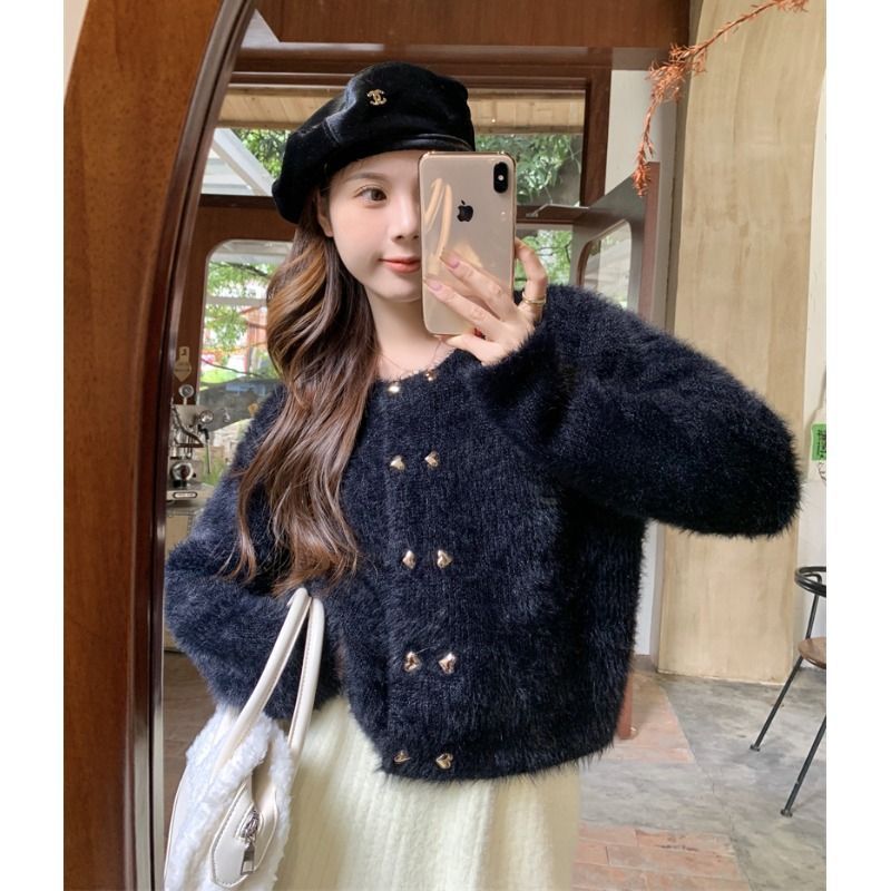 水貂绒毛衣短外套女2025年新款小香风针织衫宽松洋气开衫长袖上衣|undefined