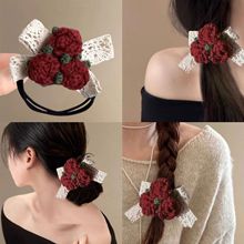 玫瑰头绳发饰秋冬发绳复古大肠森系法式立体编织花朵显白甜美发圈