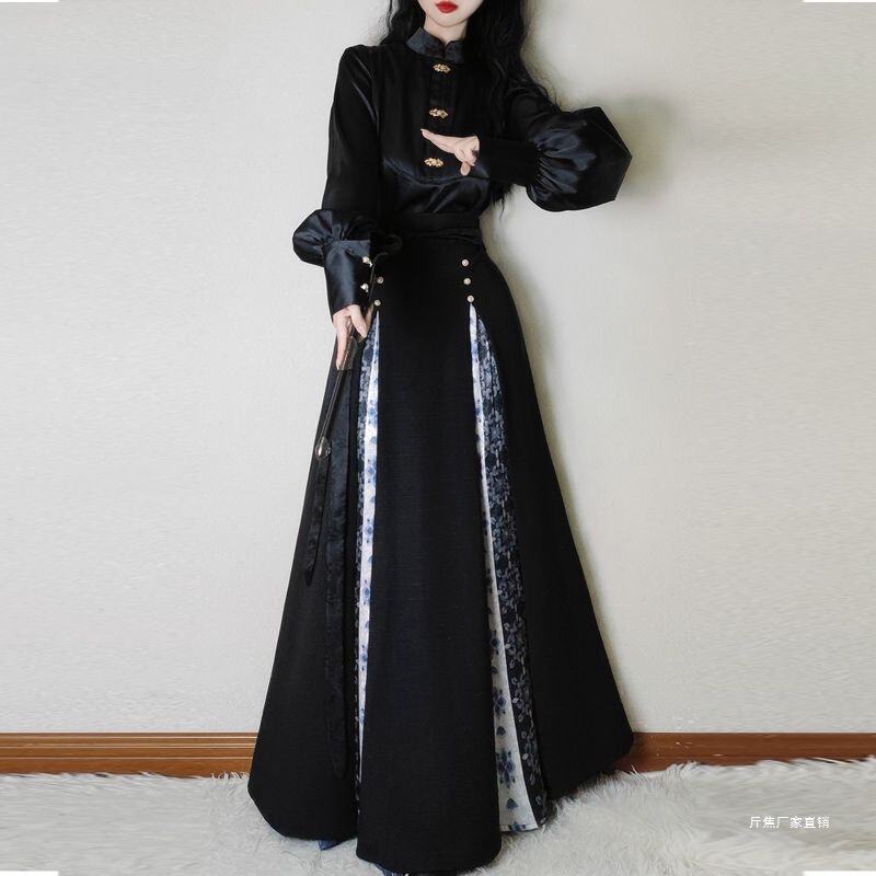 Tang Qi'An's New Hanfu Daily Commute Chinese-Style Stand Collar Suit with Improved Temperament, Two-Piece Set in Traditional Black