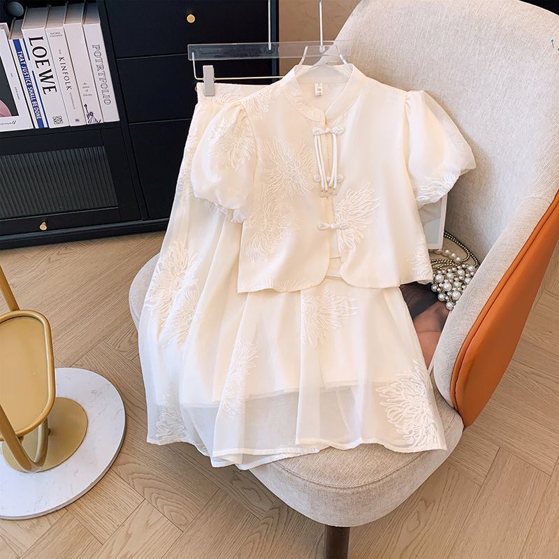 New Chinese Style Improved Cheongsam Dress Summer Women's Short Top A-Line Skirt Suit