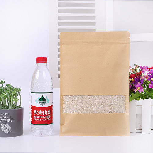 Kraft paper flat-bottom self-sealing bag with window Kraft paper bag for nuts, tea, food packaging bag dried fruit sealed bag