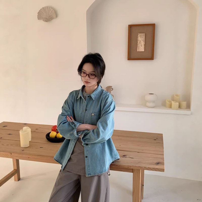 Denim Shirt 2026 Spring New Style Korean Fashion Simple Asymmetrical Solid Color Large Size Shirt for Women 94157 Denim Shirt 2026 Spring New Style Korean Fashion Simple Asymmetrical Solid Color Large Size Shirt for Women 94157
