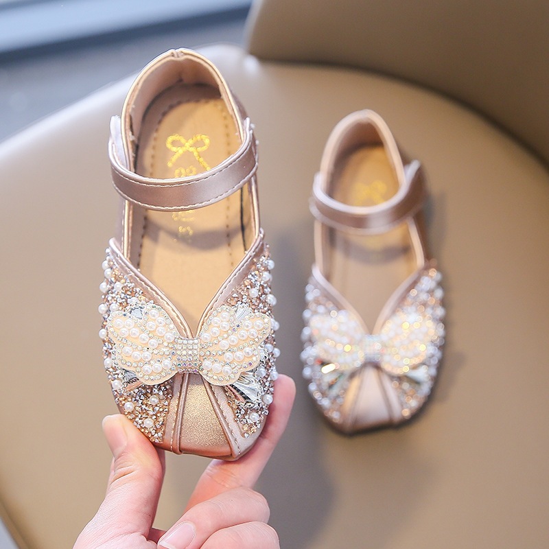 Sapato feminino estilo princesa, em couro com cristais, sola macia e laço, ideal para primavera/outono._voghion.com