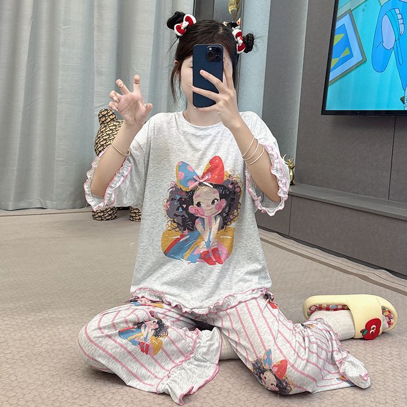2025 新しい夏のモーダルパジャマ女性の半袖ズボンスーツ漫画ルーズ夏は家の服の外で着用できます|undefined